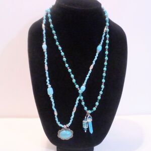 Pair of Southwestern Inspired Turquoise Color Beaded Pendant Necklaces *
